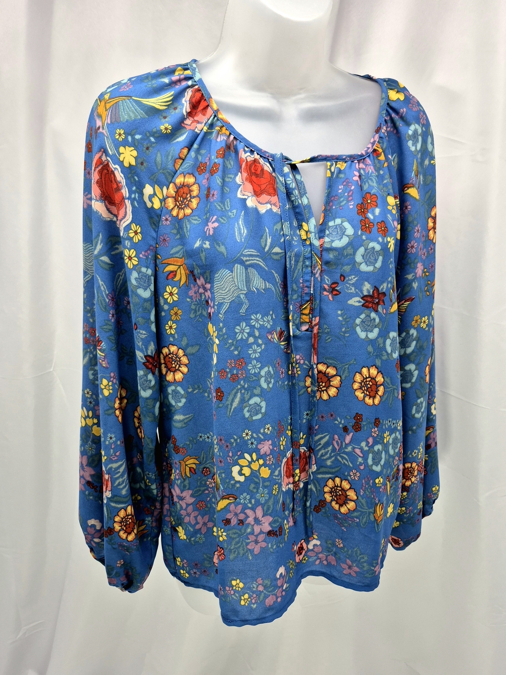 Dalia Blue Floral Bird Peasant Blouse Boho Long Sleeve Top Size Medium